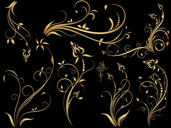 Set Van Gouden Vintage Bloemen Ornament Hand Getekend Decoratief Element — Stockvector