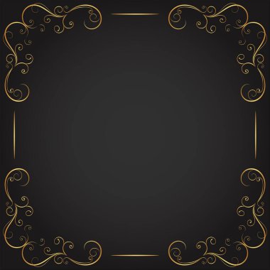 Klasik çiçek süsü kenarı, el çizimi dekoratif unsur, siyah arkaplanlı altın çiçeklerin vektör çizimi, sayfa dekorasyon kartları, düğün, pankart için Retro tasarım şablonu