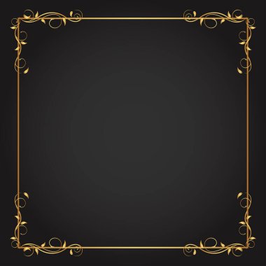 Klasik çiçek süsü kenarı, el çizimi dekoratif unsur, siyah arkaplanlı altın çiçeklerin vektör çizimi, sayfa dekorasyon kartları, düğün, pankart için Retro tasarım şablonu