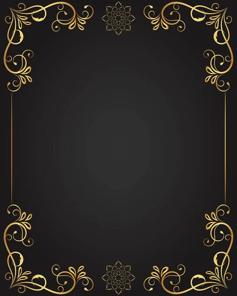 ヴィンテージ花の装飾の境界線 手描きの装飾要素 黒の背景を持つ金の花のフレームのベクトルイラスト ページ装飾カード 結婚式 バナーのためのレトロデザインテンプレート — ストックベクタ