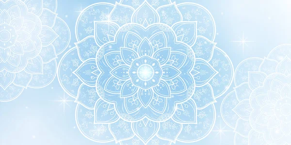 Yumuşak mavi gökyüzü arka planına sahip dairesel çiçek mandala, vektör mandala doğu deseni, el yapımı dekoratif element. Çiçekli eşsiz bir tasarım. Sayfa logosu için rahatlama ve meditasyon kullanımını kavra