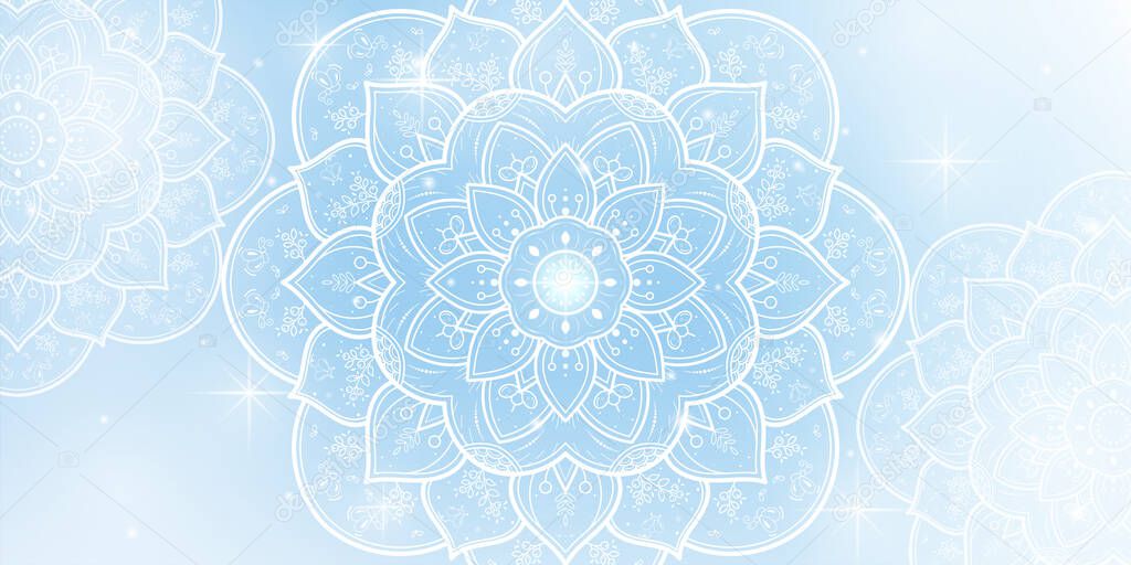 Circular Flower Mandala with soft blue sky background, Vector mandala Oriental pattern, Hand drawn decorative element. Unique design with petal flower. Concept relax and meditation use for page logo book