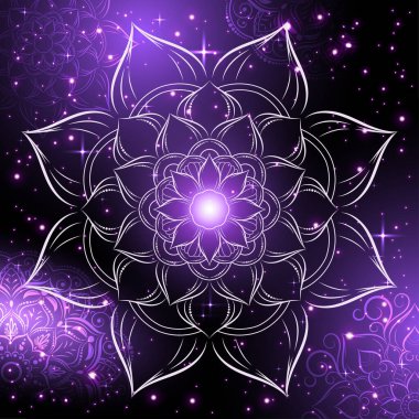 Galaksi geçmişi olan dairesel çiçek mandala, vektör mandala doğu deseni, elle çizilmiş dekoratif element. Çiçekli eşsiz bir tasarım. Sayfa logosu için rahatlama ve meditasyon kullanımını kavra