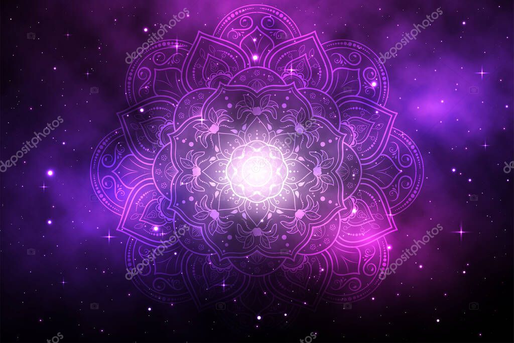 Circular Flower Mandala with galaxy background, Vector mandala Oriental pattern, Hand drawn decorative element. Unique design with petal flower. Concept relax and meditation use for page logo