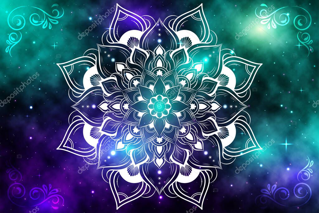 Circular Flower Mandala with galaxy background, Vector mandala Oriental pattern, Hand drawn decorative element. Unique design with petal flower. Concept relax and meditation use for page logo