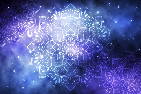 銀河の背景を持つ円形の花曼荼羅 ベクトル曼荼羅東洋パターン 手描きの装飾的な要素 花弁の花とユニークなデザイン ページロゴのための概念リラックスと瞑想使用 — ストックベクタ