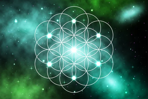 Mandala Heilige Geometrie Blume Des Lebens Mit Galaxien Hintergrund Vektor — Stockvektor