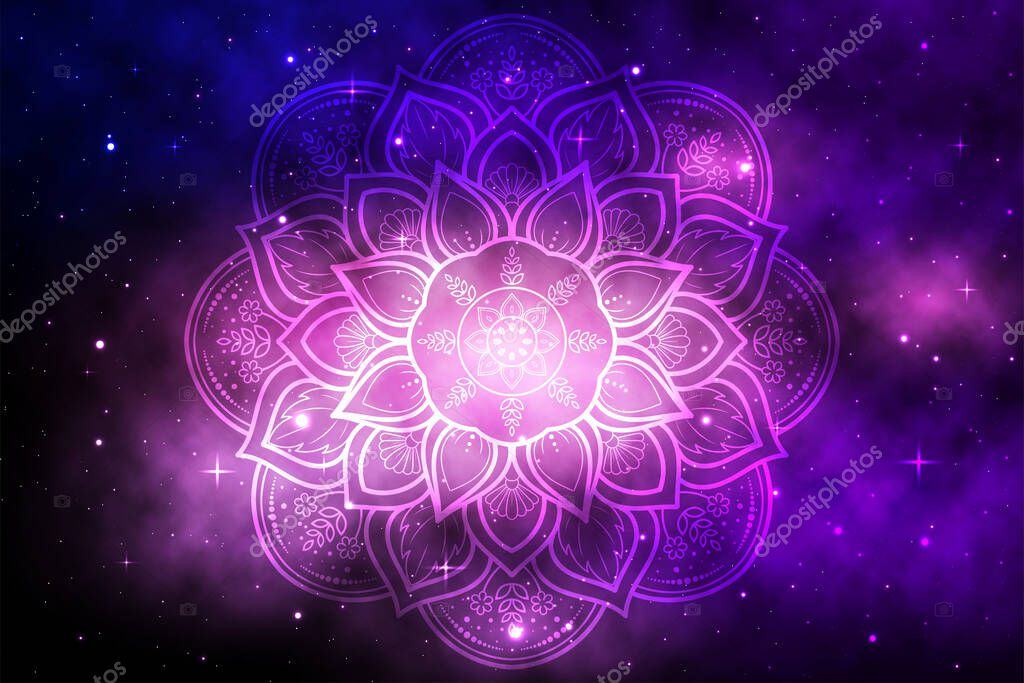 Circular Flower Mandala with galaxy background, Vector mandala Oriental pattern, Hand drawn decorative element. Unique design with petal flower. Concept relax and meditation use for page logo