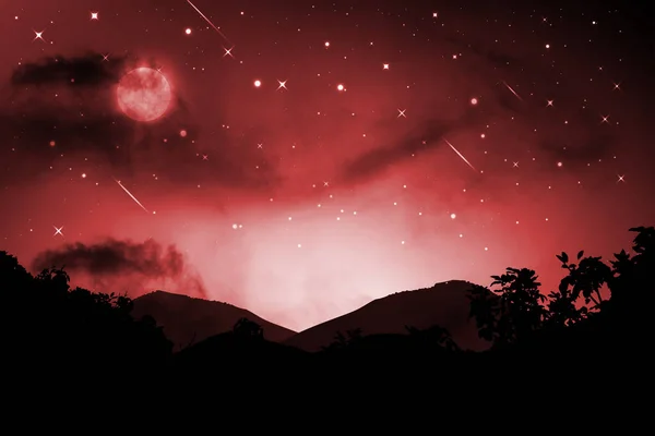 Paisagem Noturna Com Silhuetas Montanhas Céu Com Estrelas Lua Cheia — Fotografia de Stock