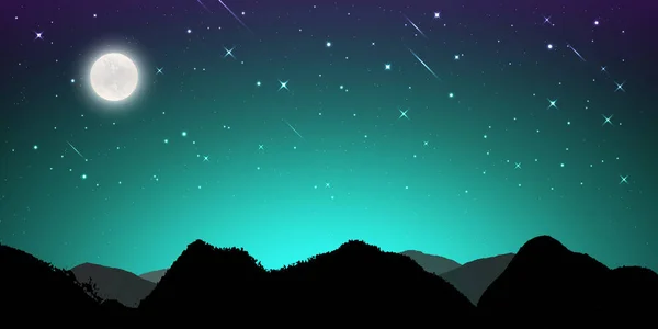 Night landscape with silhouettes of mountains and sky with stars and fullmoon, Starry night sky background.  blue sky with shinning stars, vector illustration