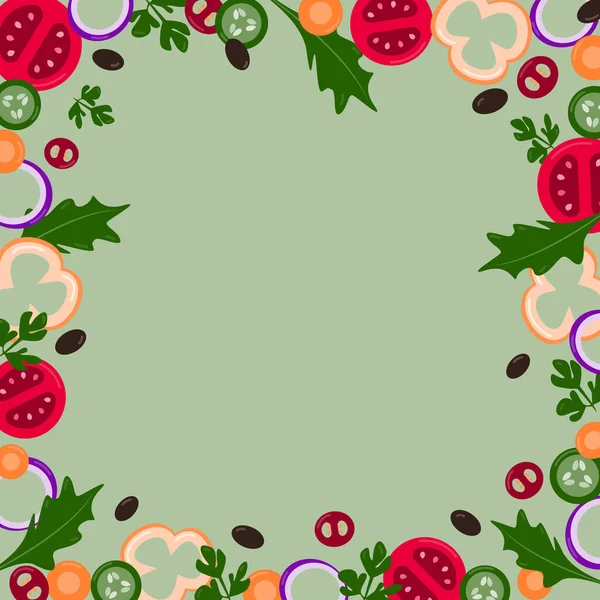 Legumes fatiados encontram-se na borda da imagem e no centro do espaço livre . — Vetor de Stock