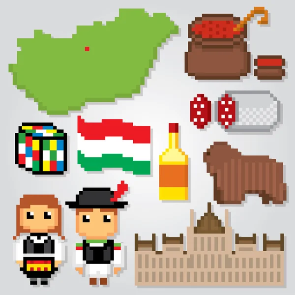 Maďarsko sada ikon. Pixel umění. — Stockový vektor