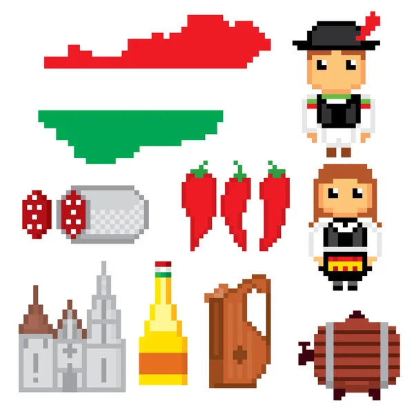 Zestaw ikon Węgry. Sztuka piksela. — Wektor stockowy