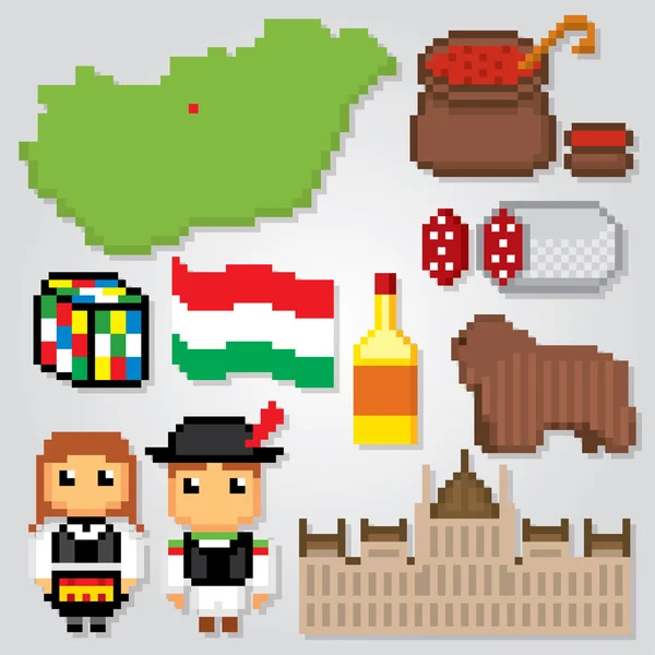 Juego de iconos de Hungría. Pixel arte . — Vector de stock