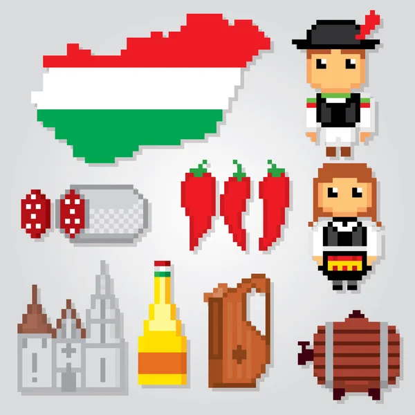 Ungheria set di icone. Arte pixel . — Vettoriale Stock