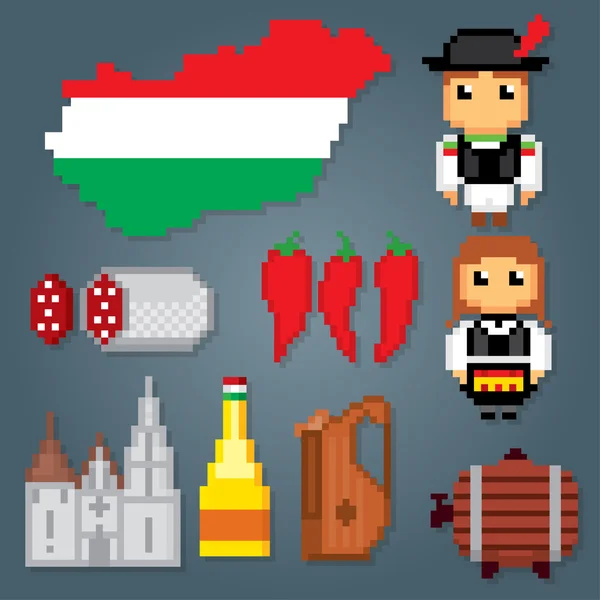 Ungheria set di icone. Arte pixel . — Vettoriale Stock