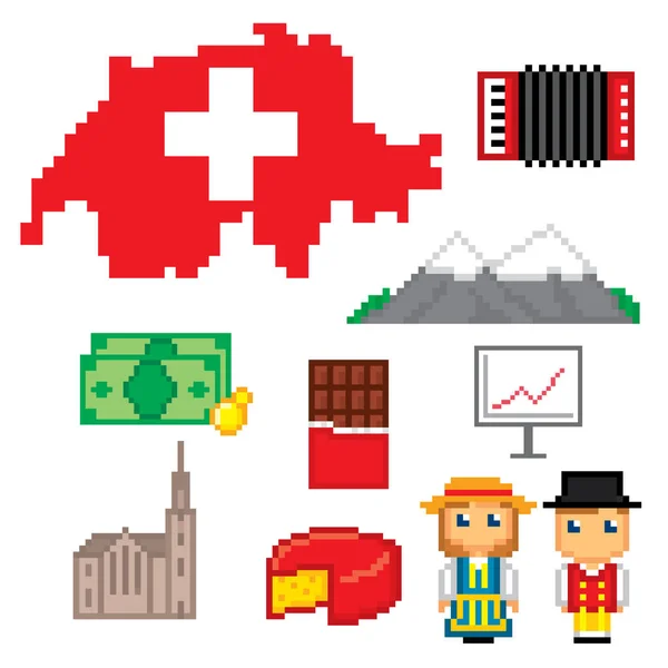 Conjunto de iconos Suiza. Pixel arte — Vector de stock