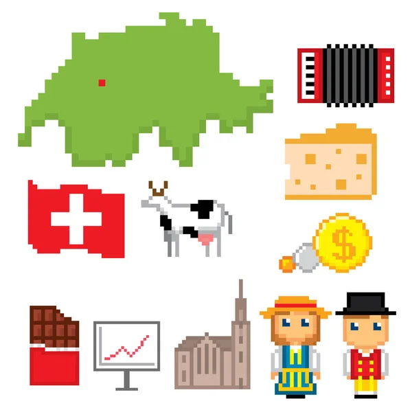 Швейцарія набір іконок. Пиксельная графіка — стоковий вектор