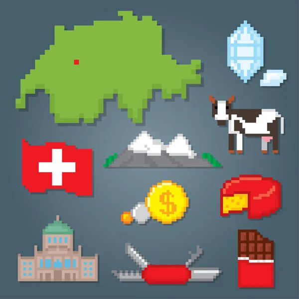 Conjunto de iconos Suiza. Pixel arte — Vector de stock