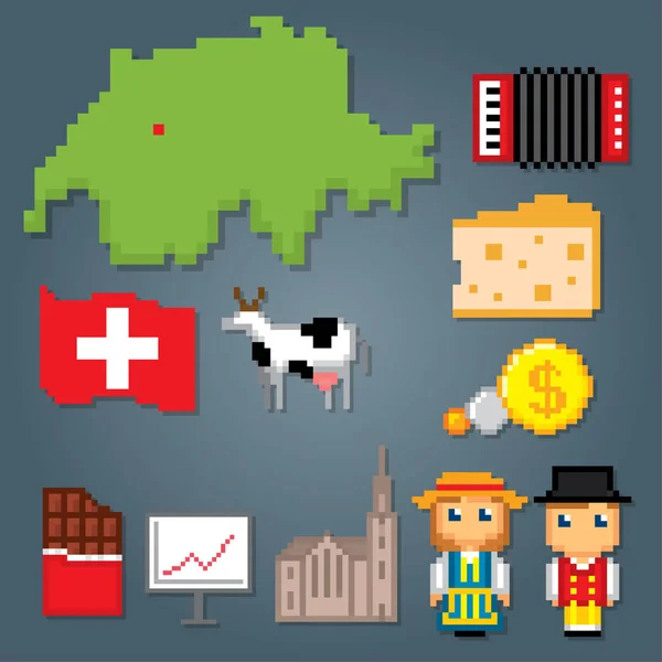 Conjunto de iconos Suiza. Pixel arte — Vector de stock