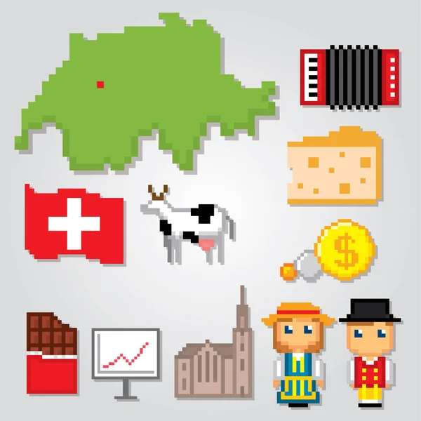 Svizzera set di icone. Arte pixel — Vettoriale Stock