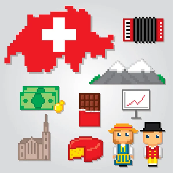 Ensemble d'icônes Suisse. Pixel art — Image vectorielle