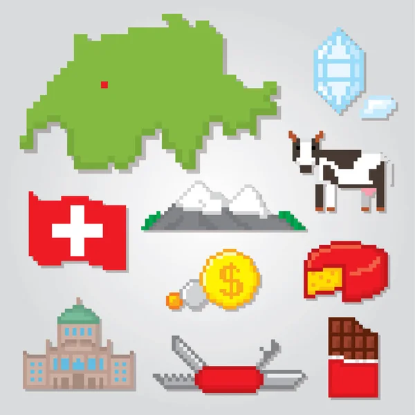 Svizzera set di icone. Arte pixel — Vettoriale Stock