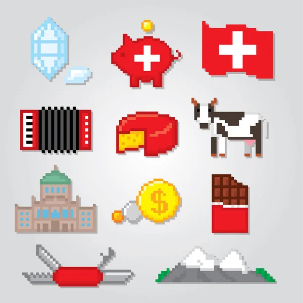 Conjunto de iconos Suiza. Pixel arte — Archivo Imágenes Vectoriales