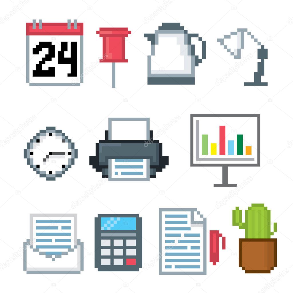 Office pixel art icons set