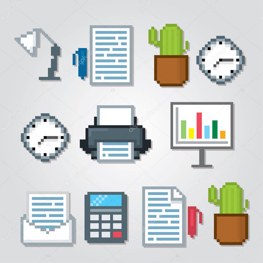 Office pixel art icons set