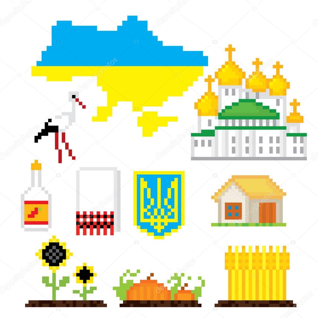 Ukraine pixel art icons set