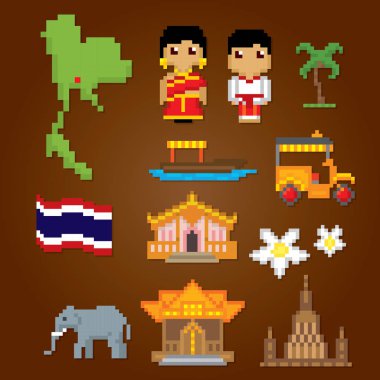 Tayland Icons set. Piksel sanat. Eski okul bilgisayar grafik stili. Oyun elemanları.
