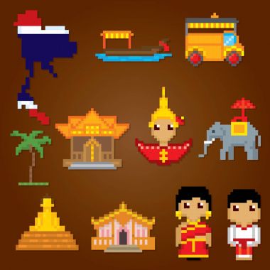 Tayland Icons set. Piksel sanat. Eski okul bilgisayar grafik stili. Oyun elemanları.