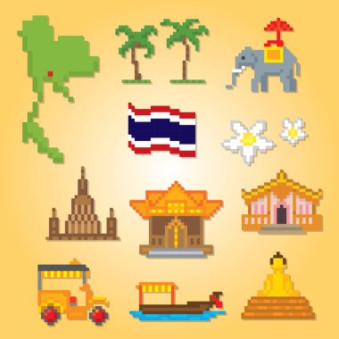 Tayland Icons set. Piksel sanat. Eski okul bilgisayar grafik stili. Oyun elemanları.