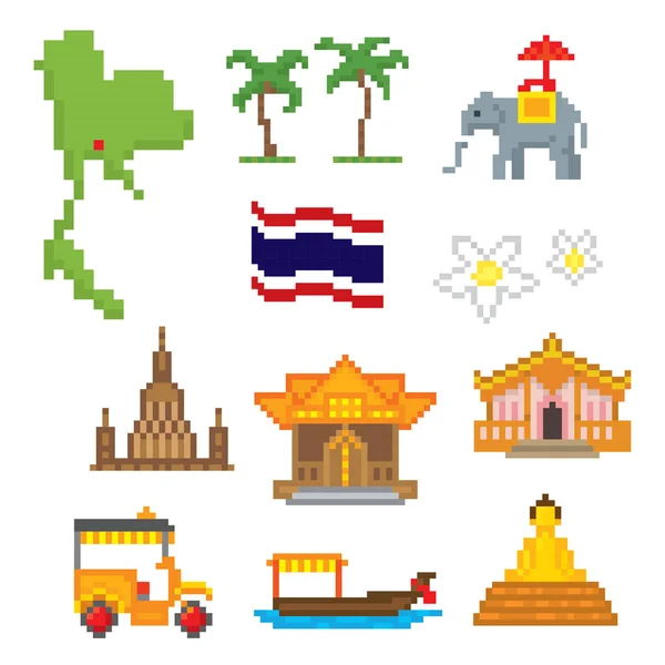 Thailand icons set. Pixelkunst. Computergrafik der alten Schule. Spielelemente. — Stockvektor