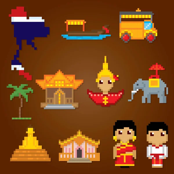 Tayland Icons set. Piksel sanat. Eski okul bilgisayar grafik stili. Oyun elemanları. — Stok Vektör