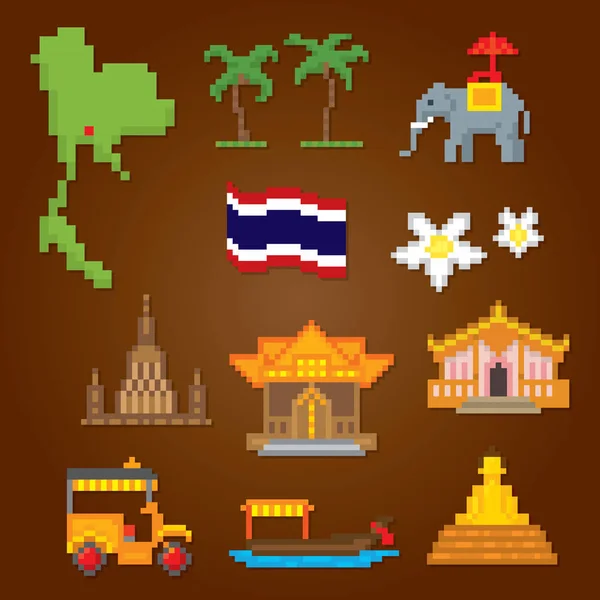 Icônes Thaïlande ensemble. Pixel art. Style graphique de la vieille école. Éléments de jeux . — Image vectorielle
