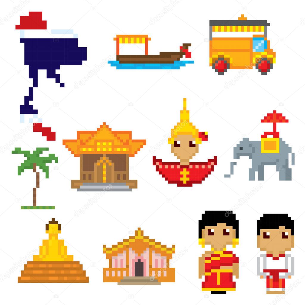 Thailand icons set. Pixel art. Old school computer graphic style. Games elements.