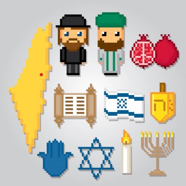İsrail Icons set. Piksel sanat. Eski okul bilgisayar grafik stili. Oyun elemanları.
