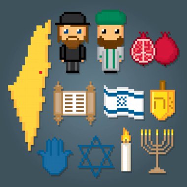 İsrail Icons set. Piksel sanat. Eski okul bilgisayar grafik stili. Oyun elemanları.