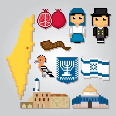 İsrail Icons set. Piksel sanat. Eski okul bilgisayar grafik stili. Oyun elemanları.