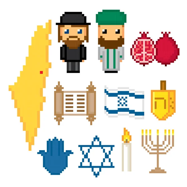 Ícones de Israel definidos. Arte Pixel. Estilo gráfico de computador da velha escola. Elementos jogos . —  Vetores de Stock