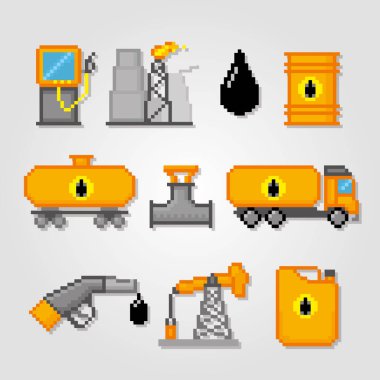 Çıkarma ve petrol işleme. Piksel sanat. Eski okul bilgisayar grafik stili. Oyun elemanları.