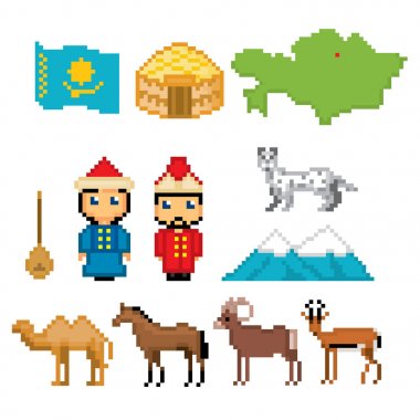 Kazakistan Icons set. Piksel sanat. Eski okul bilgisayar grafik stili. Oyun elemanları.