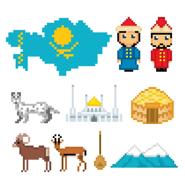 Set di icone del Kazakistan. Pixel art. Stile grafico del computer vecchia scuola. Elementi giochi . — Vettoriale Stock