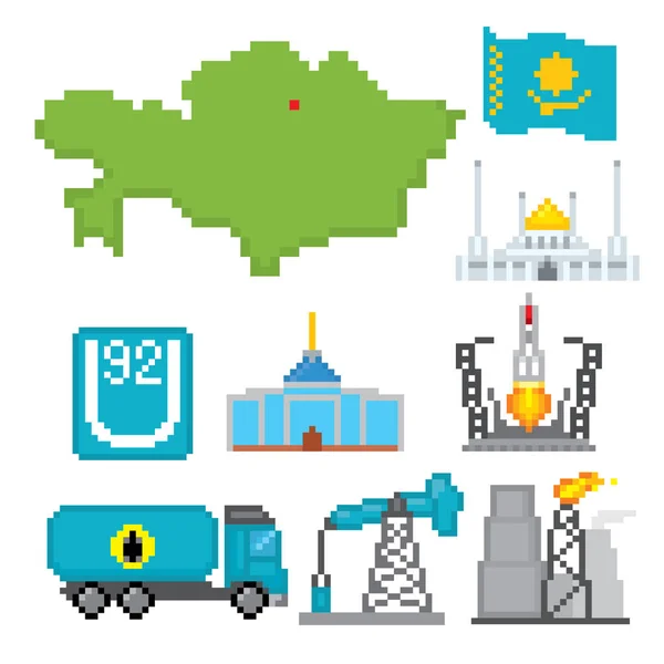 Kazakhstan icons set. Pixel art. Old school computer graphic style. Games elements. — Stock Vector