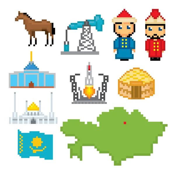 Conjunto de iconos de Kazajistán. Pixel art. Estilo gráfico de computadora de la vieja escuela. Juegos de elementos . — Archivo Imágenes Vectoriales