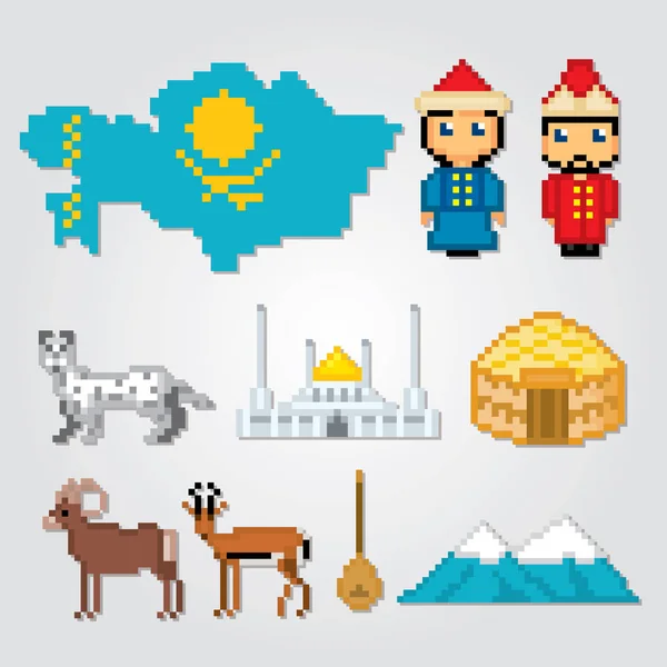 카자흐스탄 아이콘 설정합니다. 픽셀 아트입니다. 구식 컴퓨터 그래픽 스타일입니다. 게임 요소. — 스톡 벡터