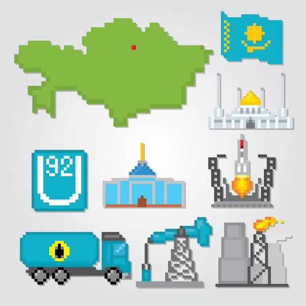 Icônes Kazakhstan ensemble. Pixel art. Style graphique de la vieille école. Éléments de jeux . — Image vectorielle