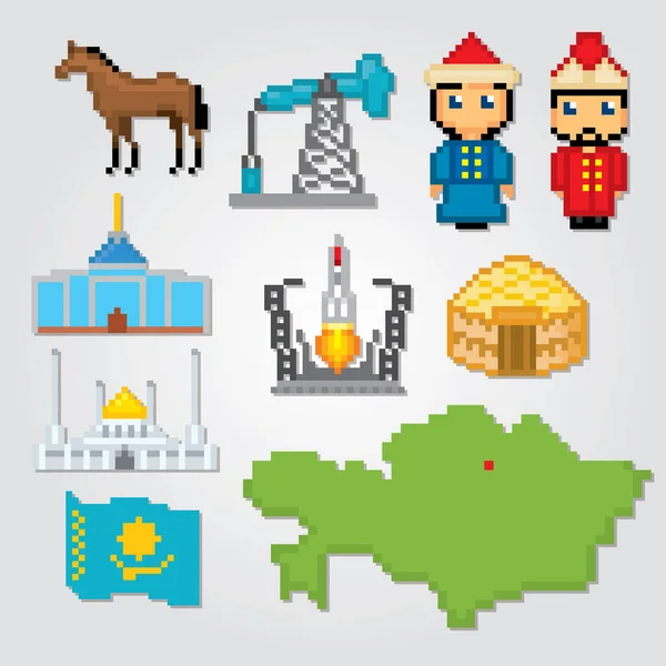Казахстан иконы установлены. Пиксельное искусство. Старая школа компьютерной графики. Элементы игры . — стоковый вектор